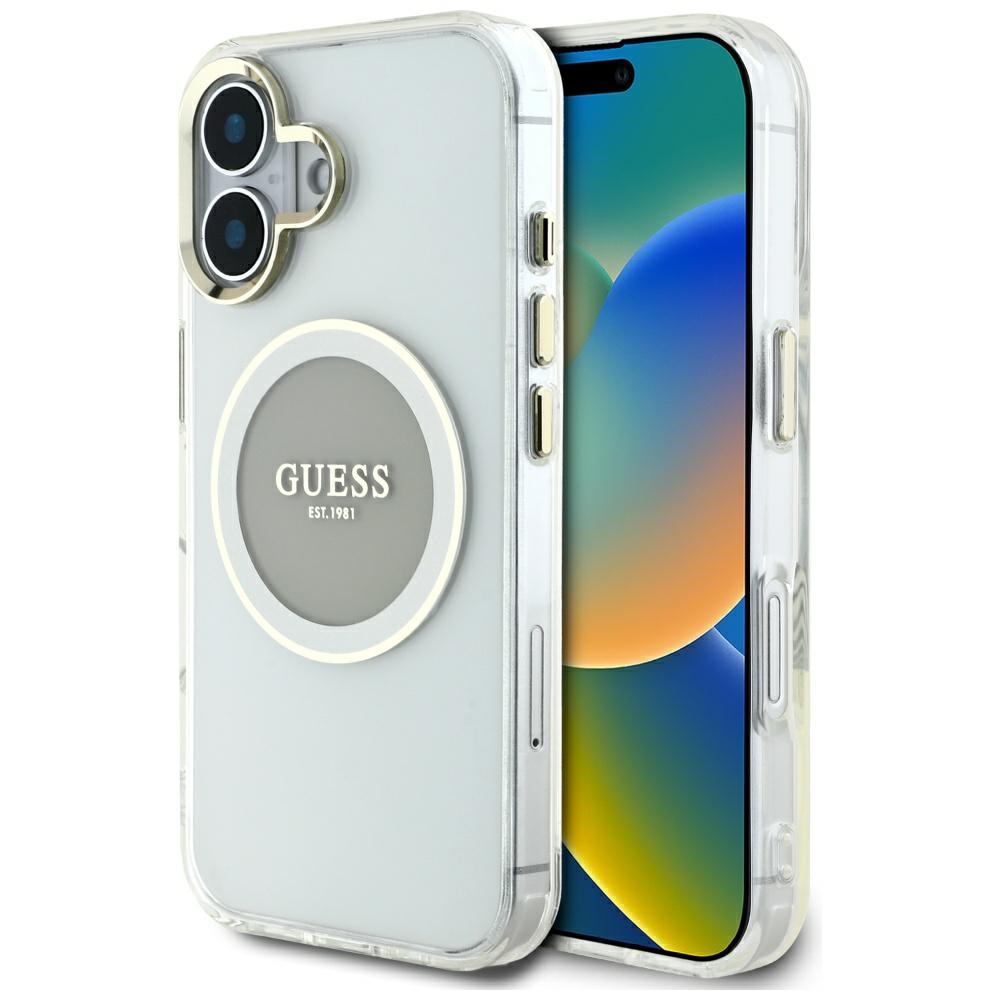 Guess IML Metal Colored Circle Classic Logo Magnētiskais viedtālruņa apvalks iPhone 16 - pelēks