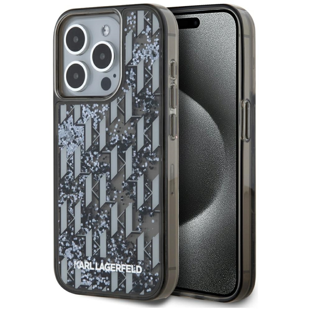 Karl Lagerfeld Liquide Glitter monogrammas pārejas viedtālruņa apvalks iPhone 15 Pro - melns