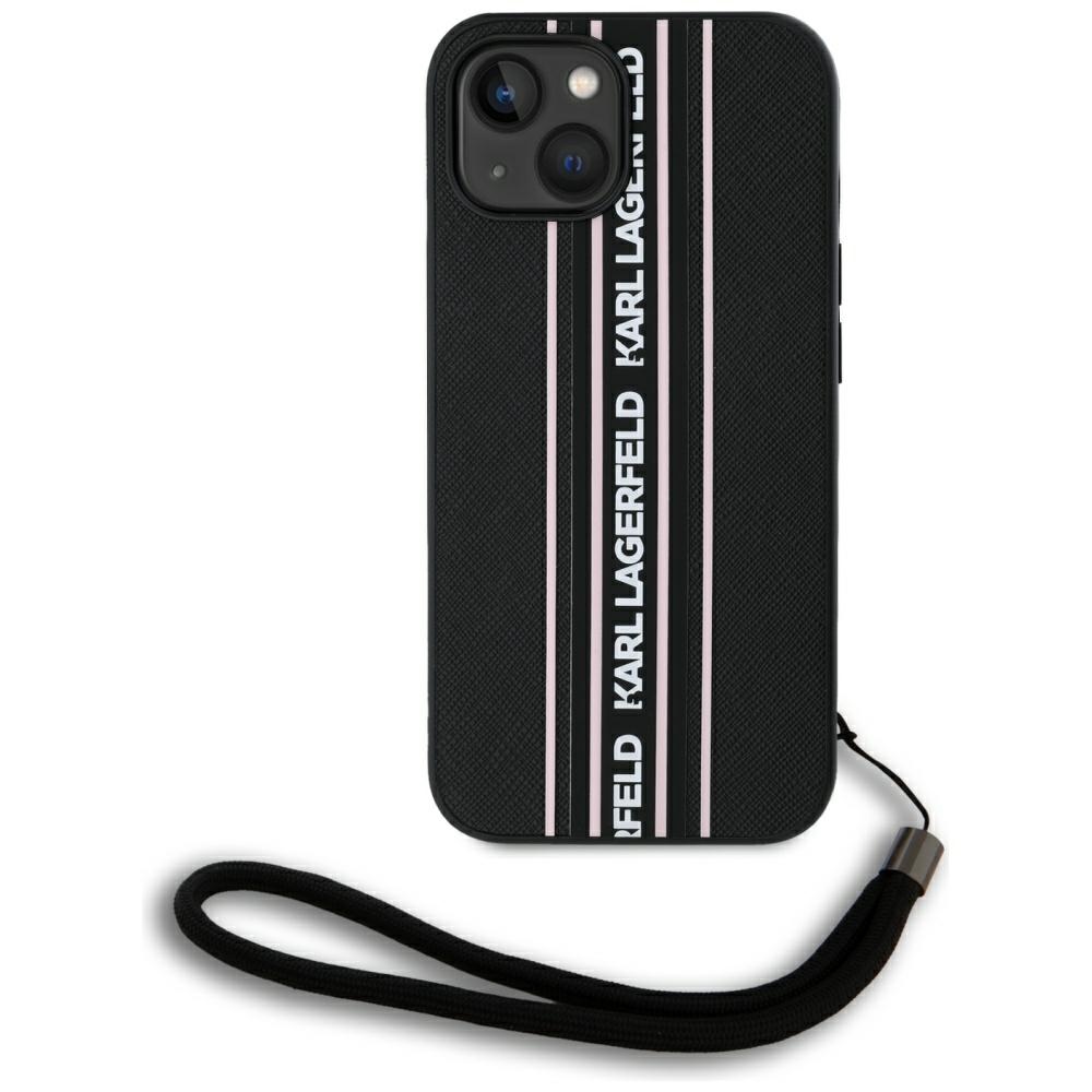 Karl Lagerfeld Saffiano Athleisure Stripes Cord viedtālruņa apvalks iPhone 15 - rozā