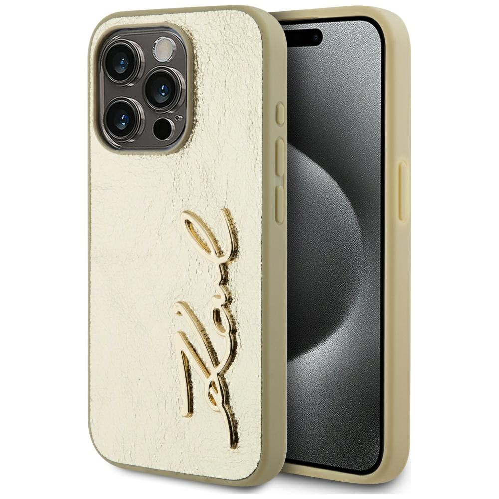 Karl Lagerfeld Wrinkled Metal Signature viedtālruņa apvalks iPhone 15 Pro Max - zelta