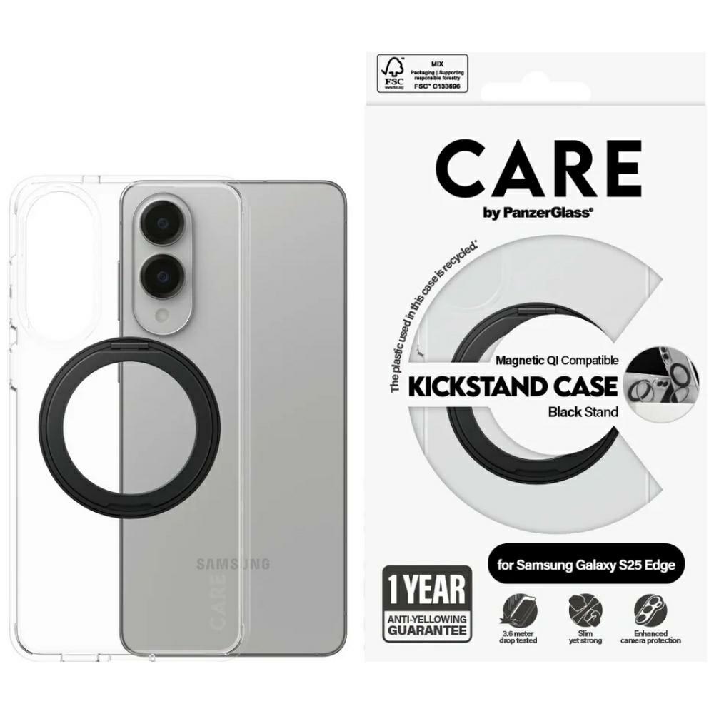 CARE by PanzerGlass Funkcionāls melns viedtālruņa apvalks ar statīvu un QI Samsung Galaxy S25 Edge - caurspīdīgs