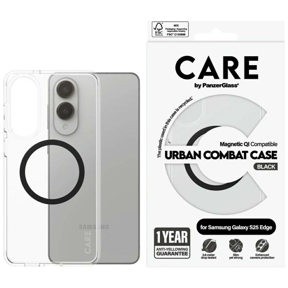 CARE by PanzerGlass Flagmanis Urban Combat melns viedtālruņa apvalks ar QI Samsung Galaxy S25 Edge - caurspīdīgs