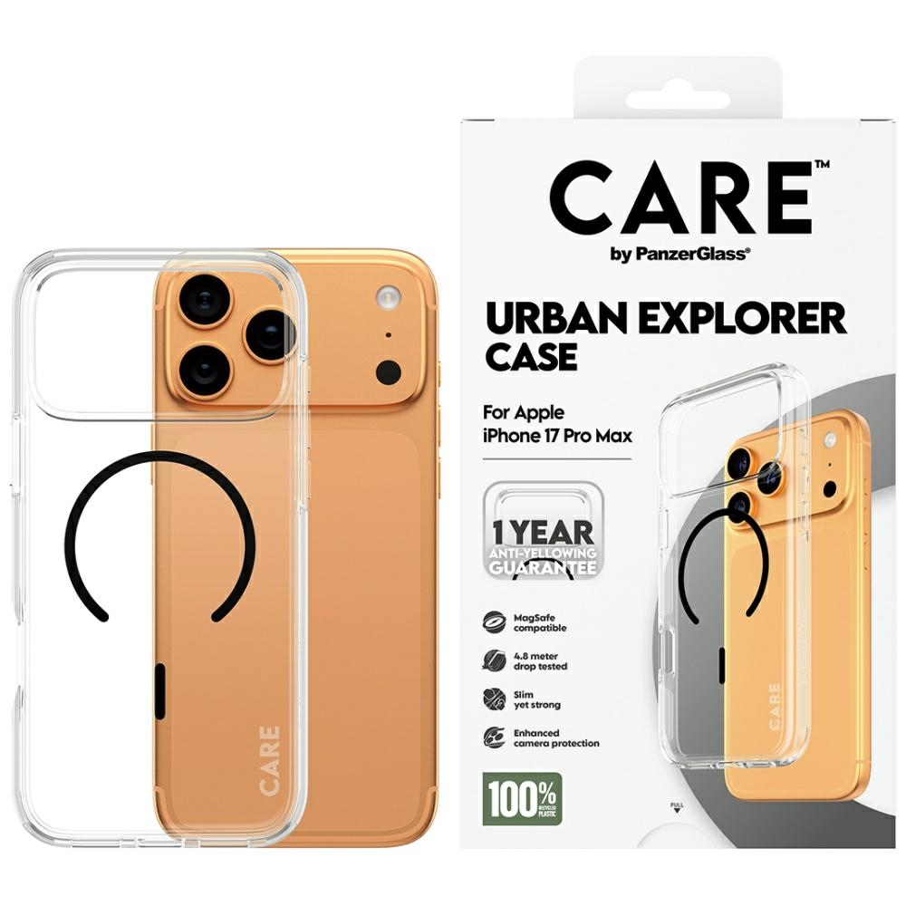 CARE by PanzerGlass Flagship Urban Explorer viedtālruņa apvalks ar melnu MagSafe iPhone 17 Pro Max - caurspīdīgs