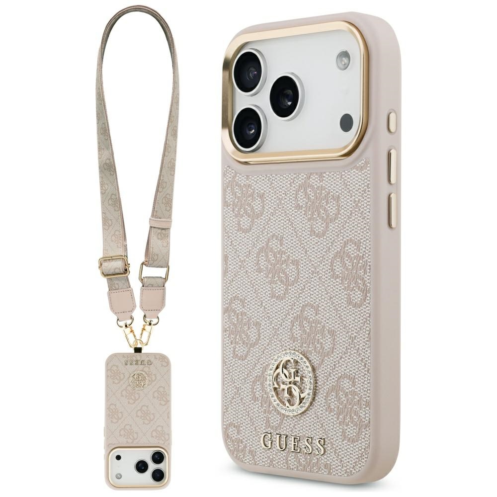 Guess 4G Strass Logo & Big Strap Metal Buttons Magnētiskais viedtālruņa apvalks iPhone 17 Pro - rozā