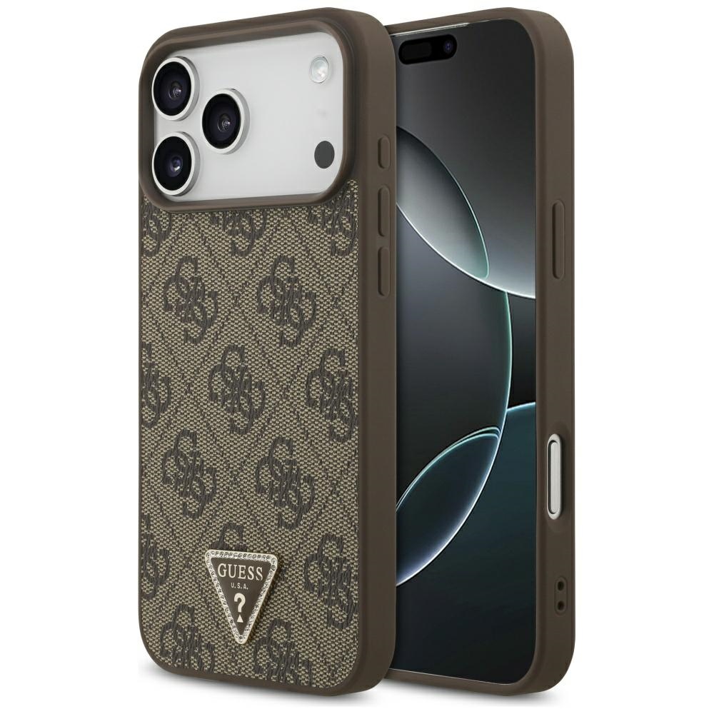 Guess Ādas 4G trīsstūra logotipa Strass Magnētiskais apvalks iPhone 17 Pro Max - brūns