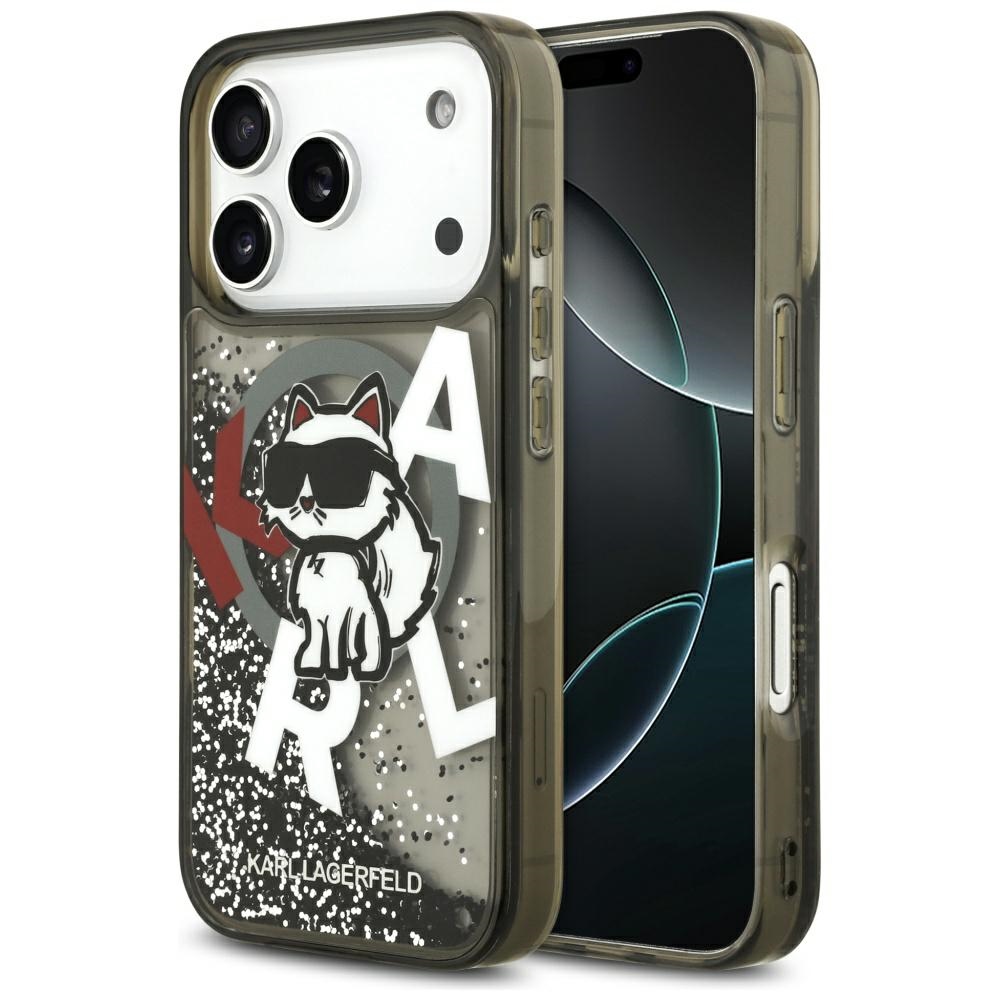 Karl Lagerfeld Šķidrs mirdzošs Choupette logotips Magnētiskais viedtālruņa apvalks iPhone 17 Pro - melns