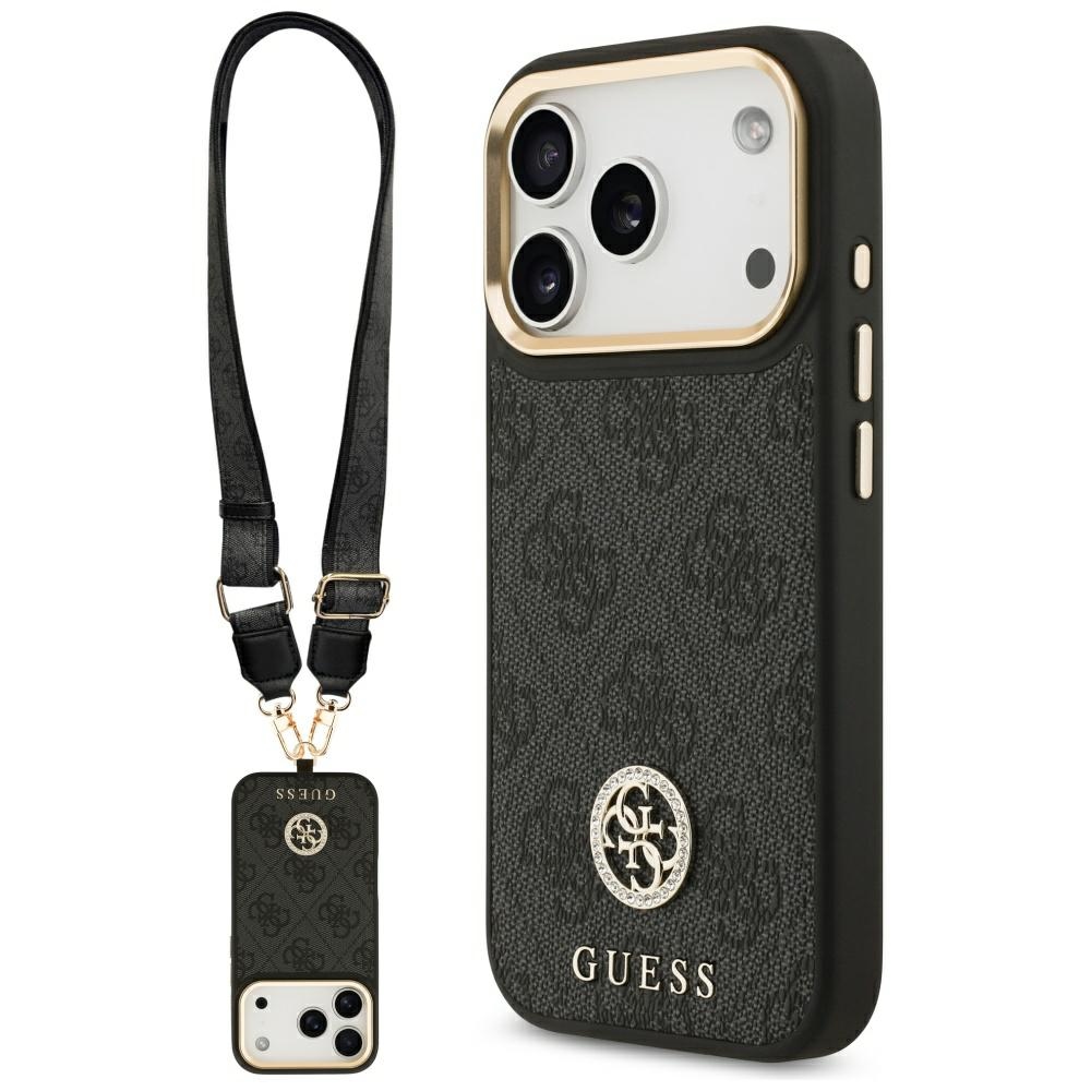 Guess 4G Strass Logo & Big Strap Metal Buttons Magnētiskais viedtālruņa apvalks iPhone 17 Pro - melns