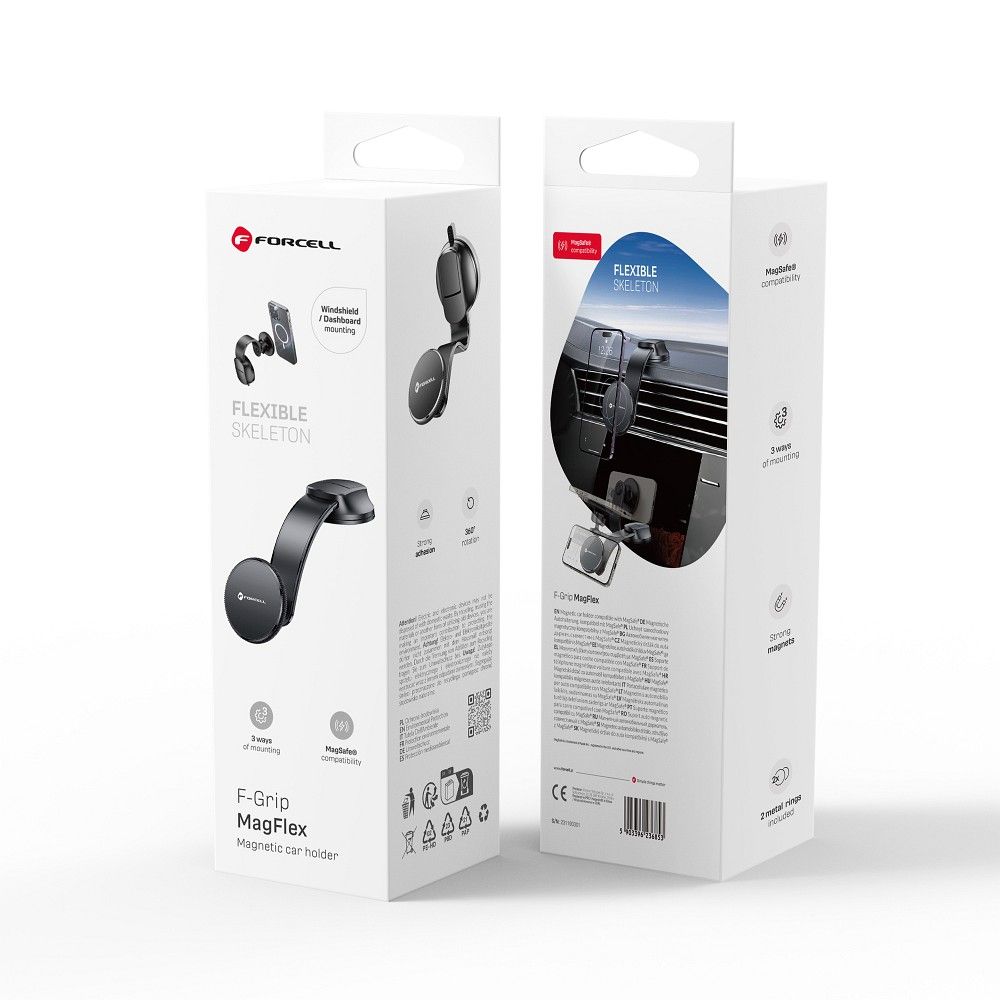 FORCELL F-GRIP MagFlex magnētiskais auto turētājs priekšējā stiklā un panelī, saderīgs ar MagSafe, melns