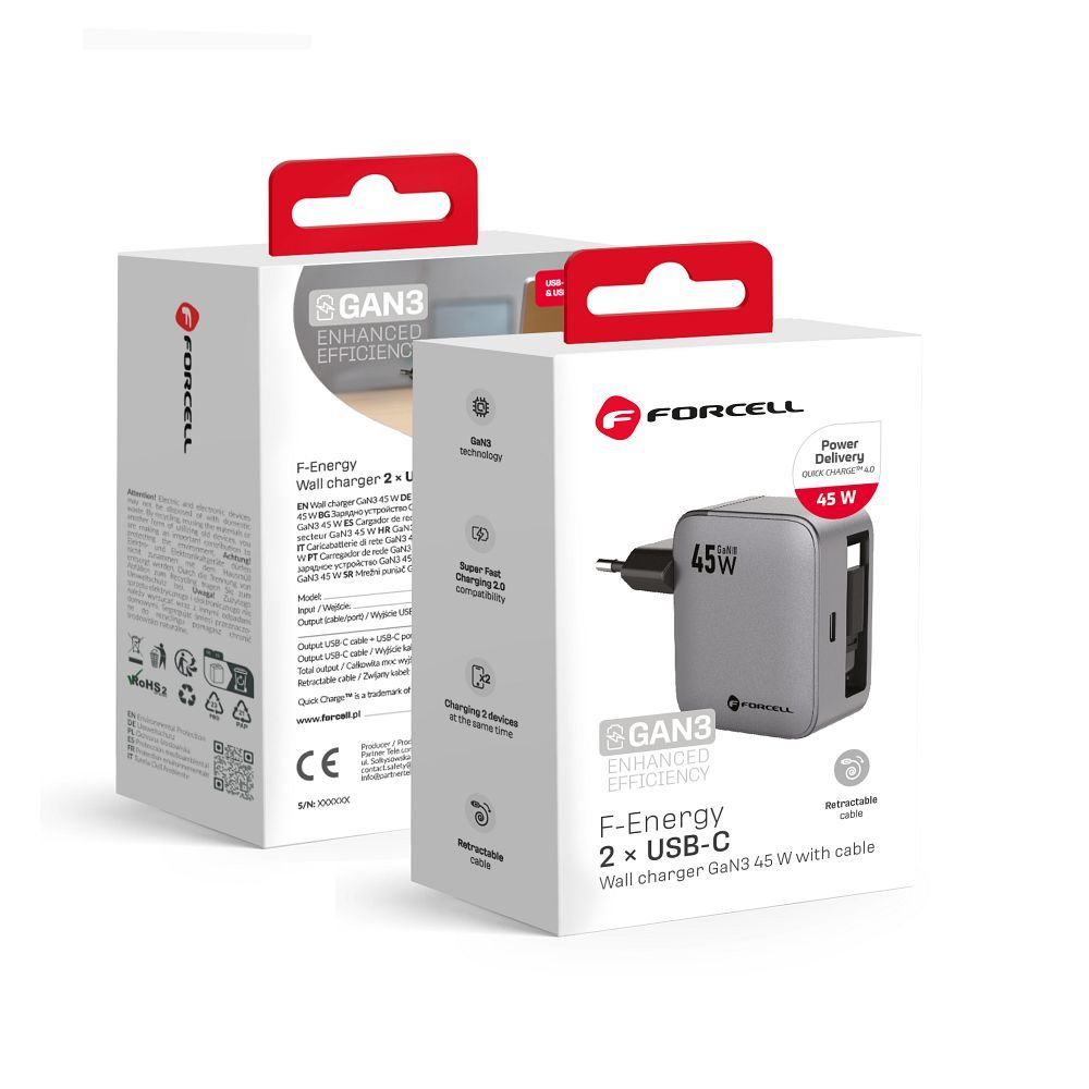 FORCELL F-ENERGY GaN III VT-R5 ceļojumu lādētājs ar izvelkamu kabeli Type C un Type C uzlādes portu PD QC4.0 3A 45W pelēks