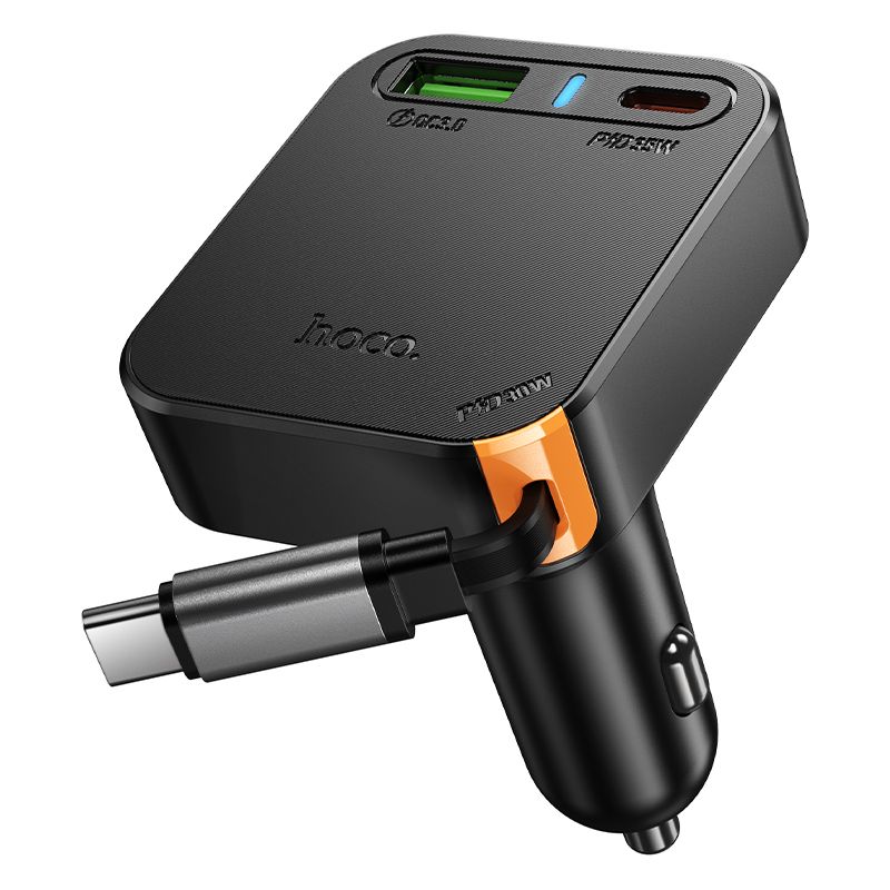 Automobiļa lādētājs Hoco ar ievilkamu kabeli 2 x USB C + USB A QC PD 65W NZ18 melns