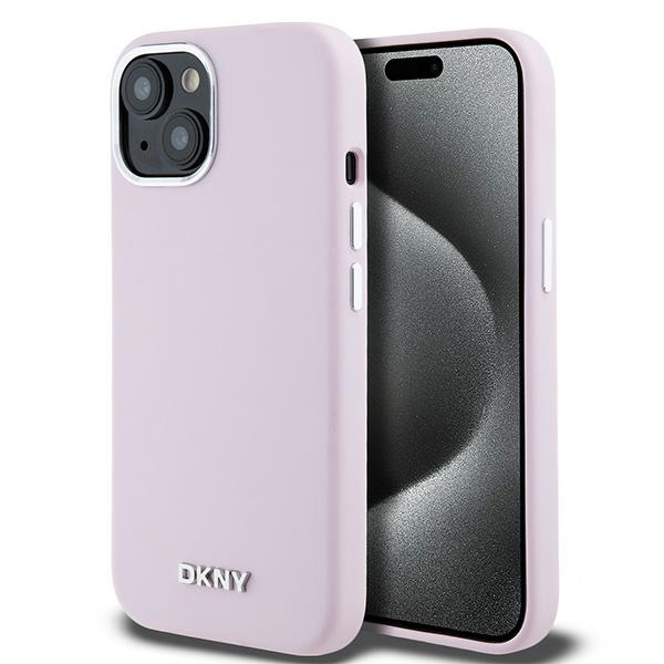 DKNY viedtālruņa apvalks iPhone 15 6,1" DKHMP15SSMCHLP rozā HC Magsafe silikons ar horizontālu metāla logotipu