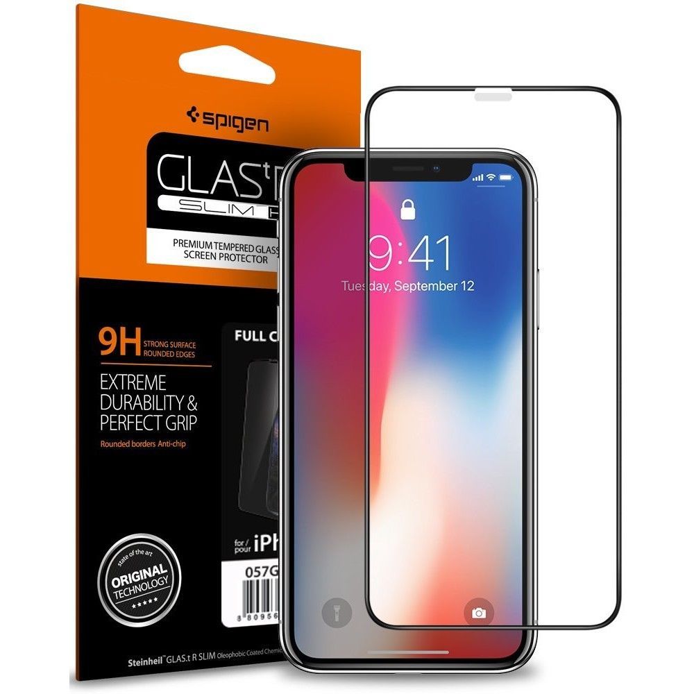 Spigen Glass FC rūdītais stikls ar melnu rāmi iPhone X / XS / 11 Pro
