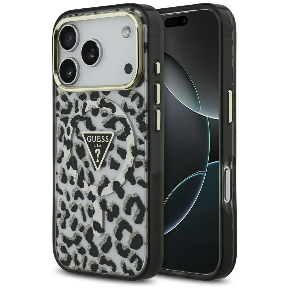 Guess leoparda spīdīgs magnētiskais viedtālruņa apvalks iPhone 17 Pro melns