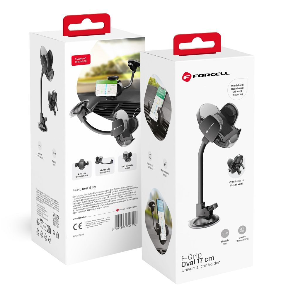 FORCELL F-GRIP Oval 17 cm auto turētājs vējstiklam / paneļim / ventilācijas atverei melns