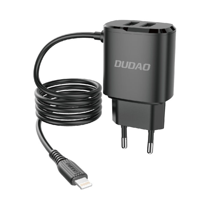 Dudao lādētājs 2x USB ar iebūvētu 12W Lightning kabeli melns (A2ProL melns)