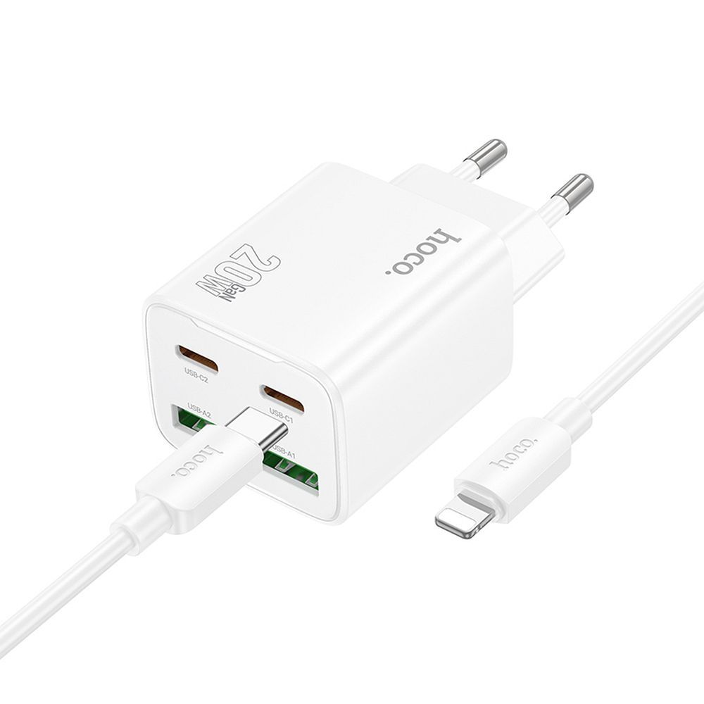 Viedtālruņa lādētājs Hoco 2 x USB C + 2 x USB A QC3.0 PD 3A 20W + kabelis USB C uz Lightning N55 balta