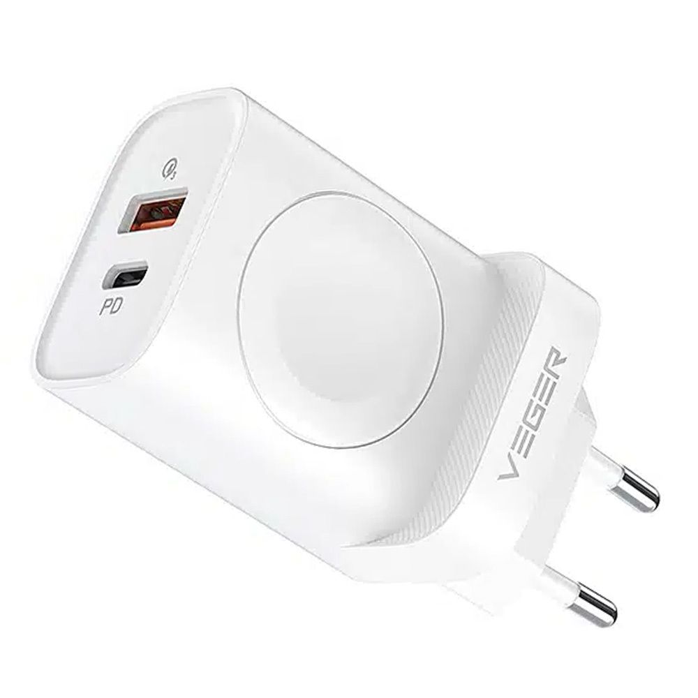 VEGER ceļojumu lādētājs USB A + Type C + bezvadu lādētājs saderīgs ar Apple Watch PD QC3.0 3A 25W W002E balts