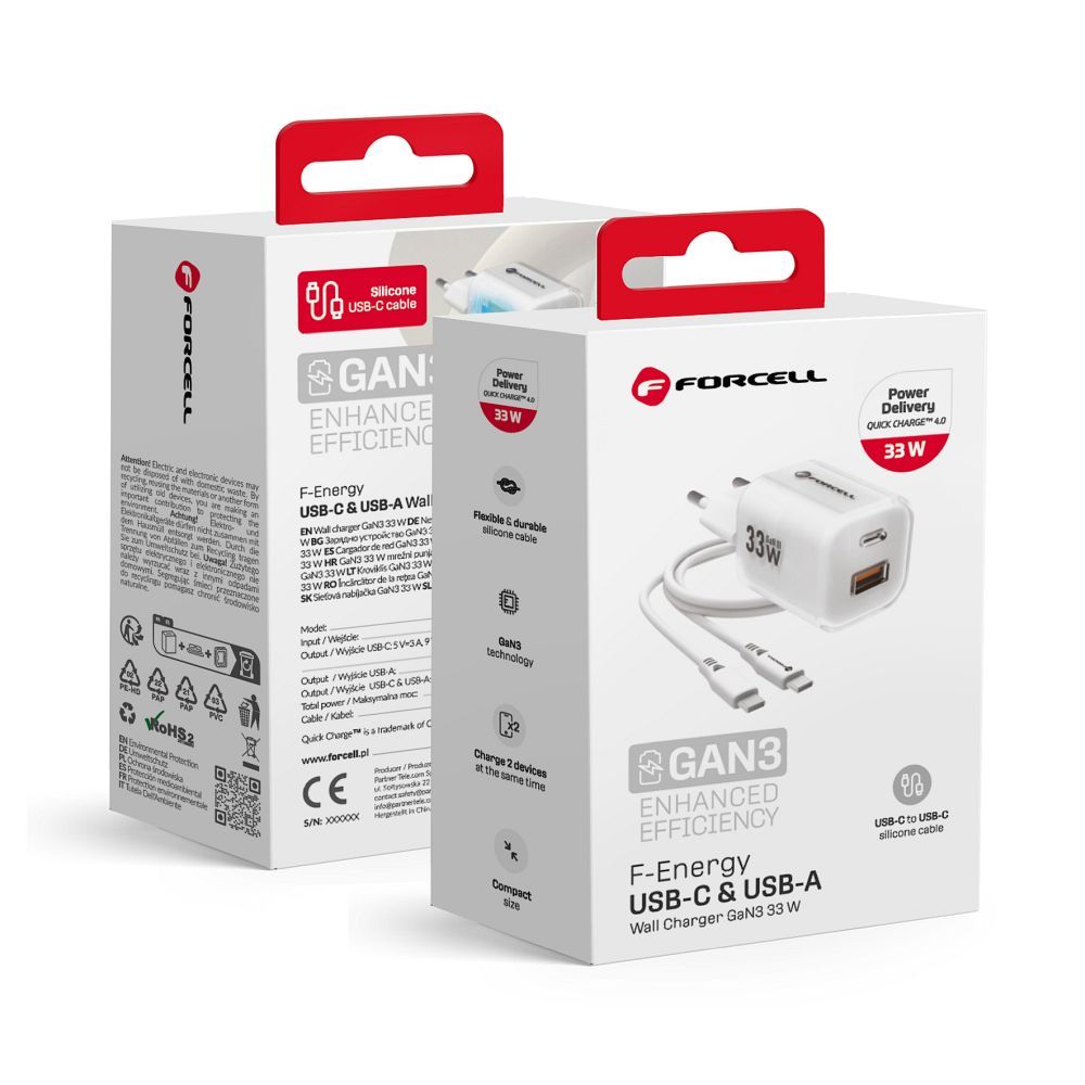 FORCELL F-ENERGY Crystal Color GaN III VT-41 ceļojumu lādētājs ar silikona kabeli, ar 1 x Type C + 1x USB A pieslēgvietām, PD QC4.0 33W balts