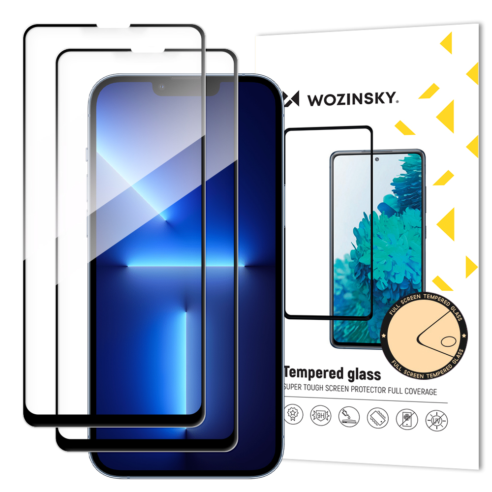 Wozinsky komplekts 2 gab. izturīgs pilna līmējuma tempered stikls visam ekrānam ar rāmi, draudzīgs korpusam iPhone 16e, iPhone 14, iPhone 13 Pro / iPhone 13, melns