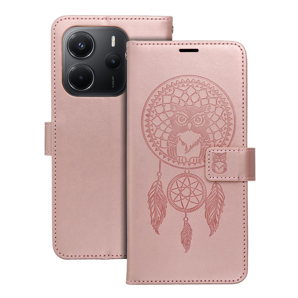 MEZZO grāmatas tipa viedtālruņa apvalks XIAOMI Redmi Note 14 4G (GLOBAL - 164,84mm x 78,15mm x 8,16mm) ar sapņu ķērāju, rozā zelta krāsas