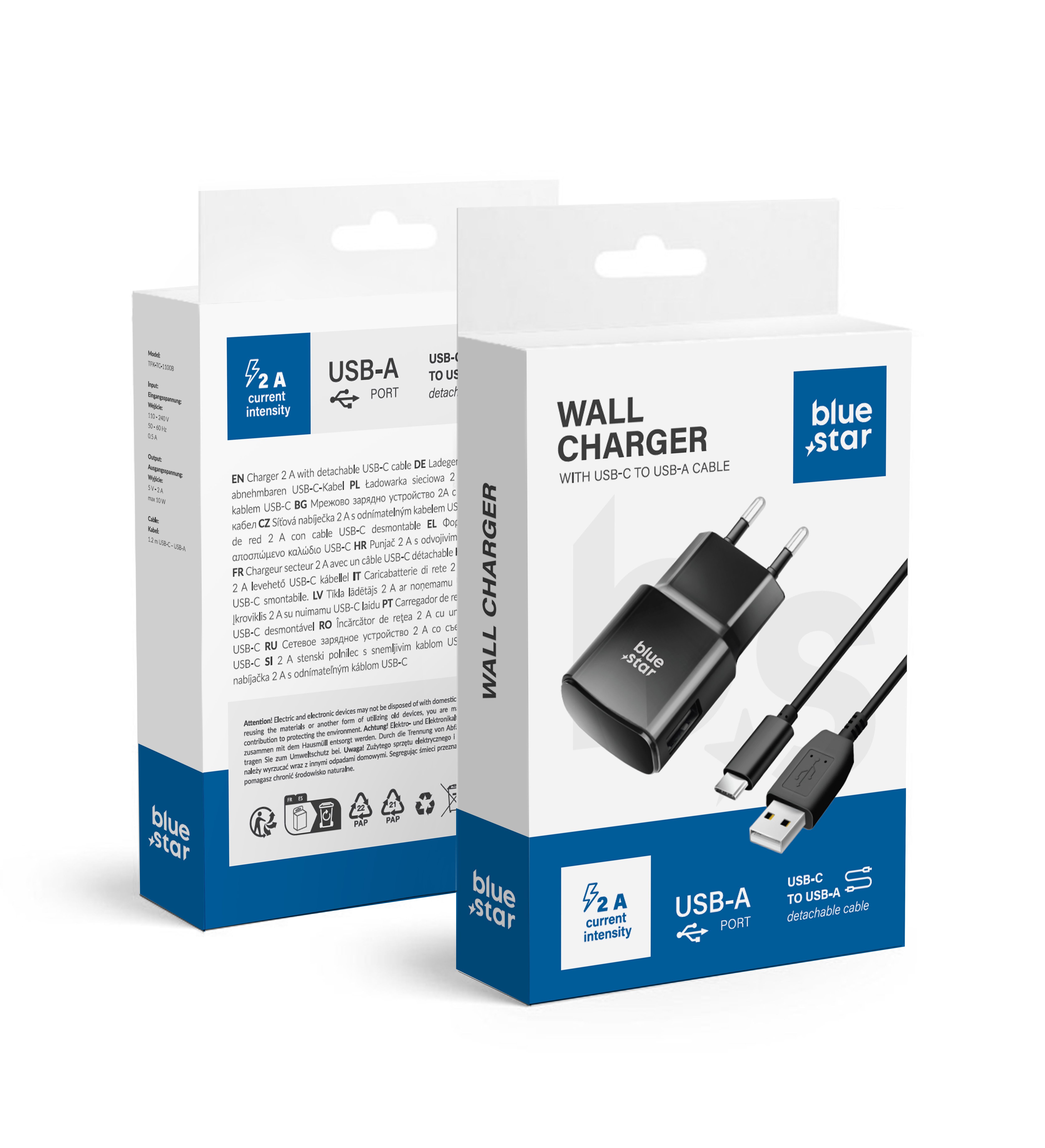 BLUE STAR ceļojumu lādētājs 2A 10W USB A + kabelis USB A uz Type C TFK-TC-1100B melns