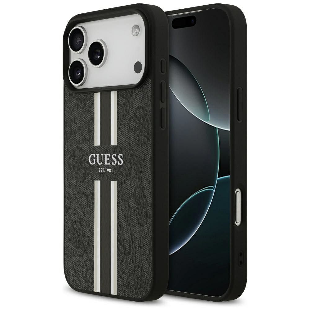 GUESS viedtālruņa apvalks IPHONE 17 Pro Max, saderīgs ar MagSafe GUHMP17XP4RPSK (4G Printed Stripes), melns