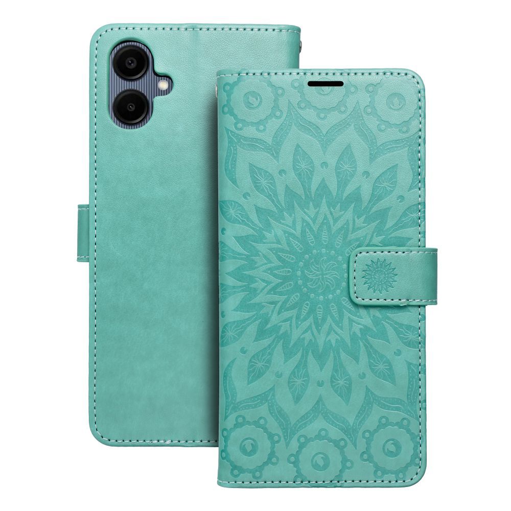 MEZZO grāmatas tipa viedtālruņa apvalks SAMSUNG A06 ar mandalas rakstu, zaļā krāsā