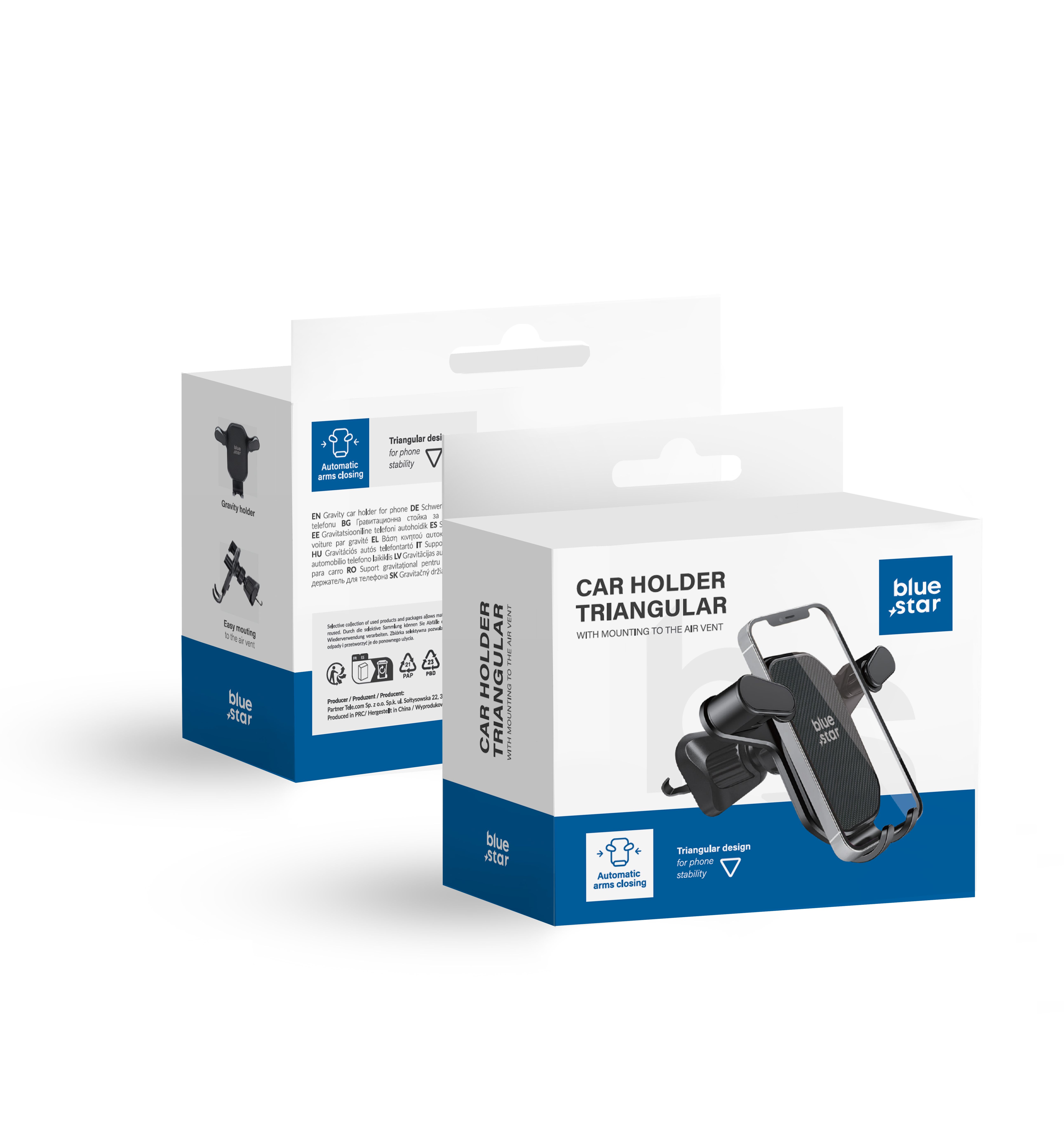 BLUE STAR gravitācijas automašīnas turētājs gaisa ventilācijai TRIANGULAR, melns