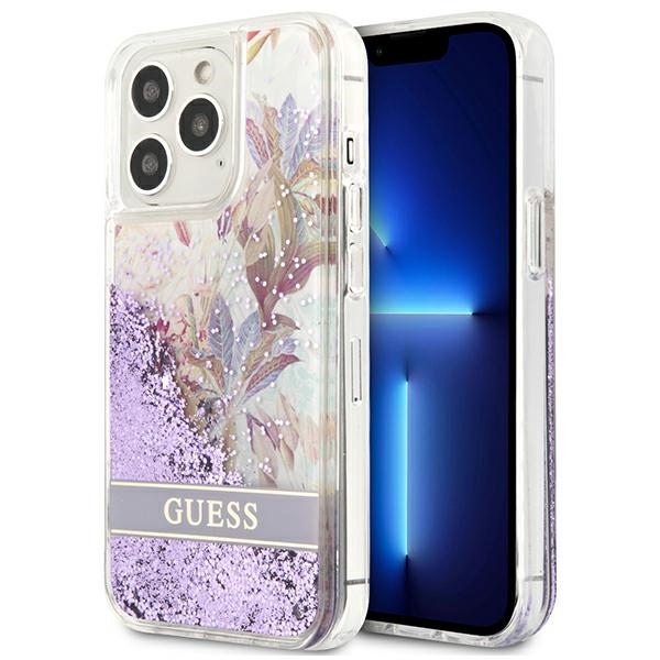 Guess GUHCP13LLFLSU iPhone 13 Pro / 13 6.1" violets cietais apvalks ziedu šķidrs spīdums