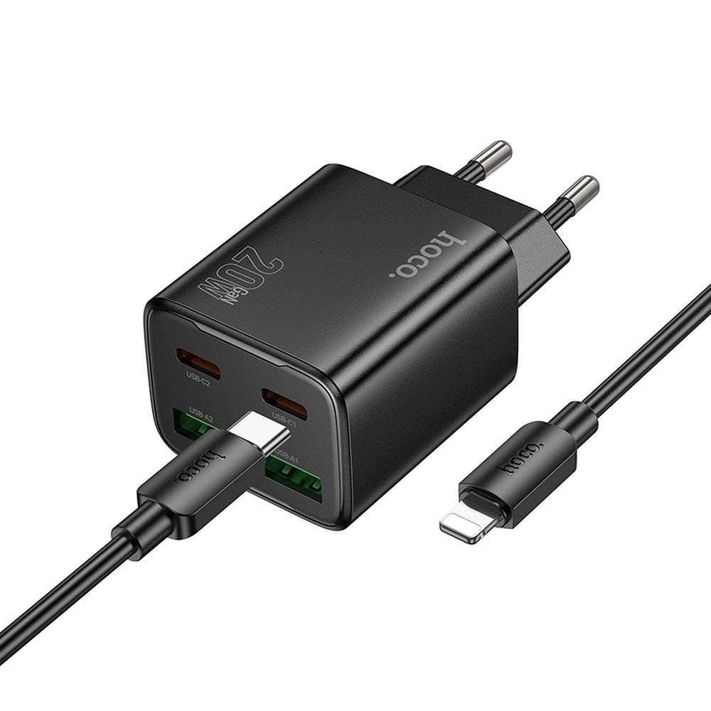 Viedtālruņa lādētājs Hoco 2 x USB C + 2 x USB A QC3.0 PD 3A 20W + kabelis USB C uz Lightning N55 melns