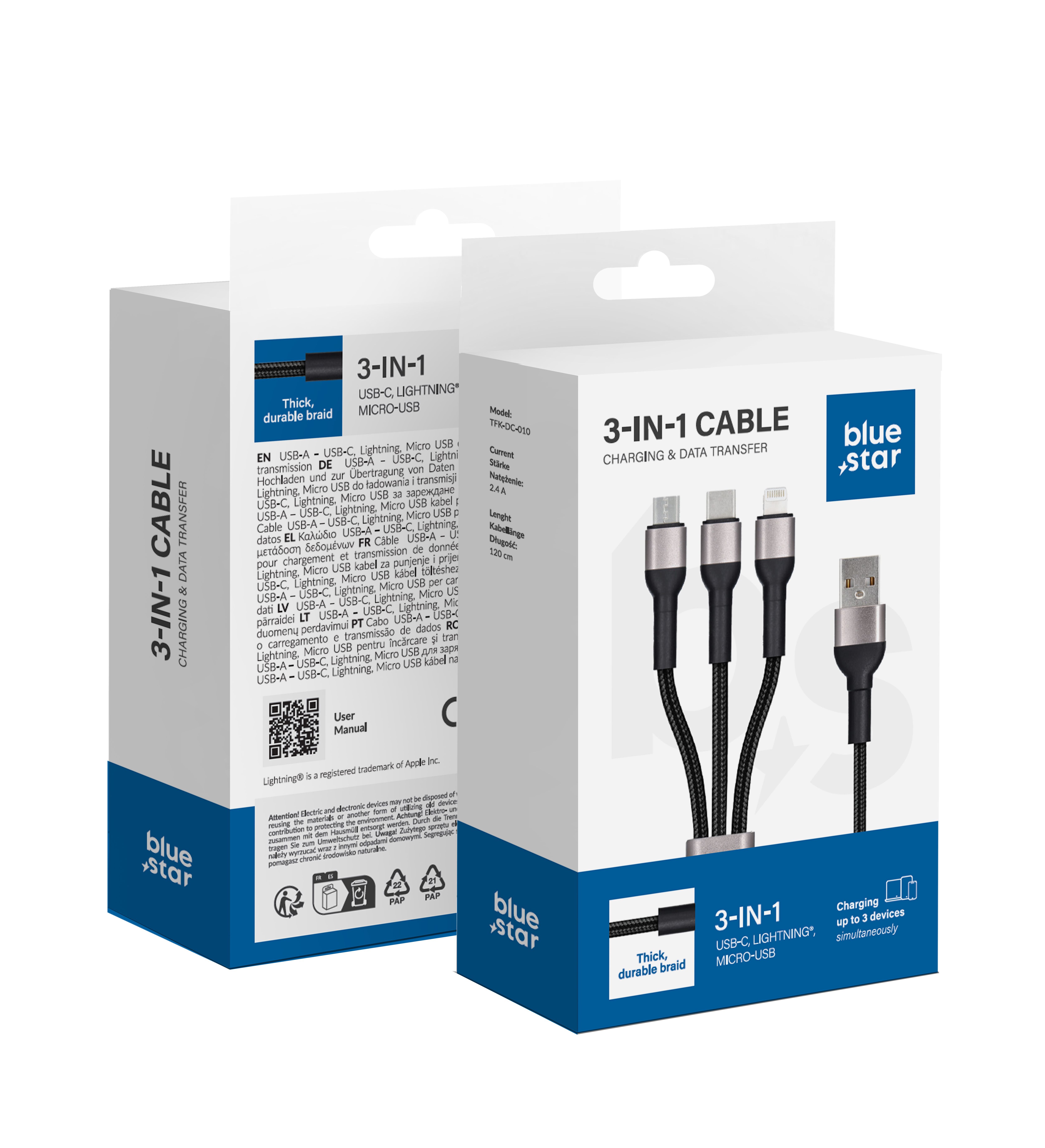 Kabelis (m) BLUE STAR pintas 2,4A 3in1 USB A uz Lightning / Micro USB / Type C TFK-DC-010 1,2 m - melns