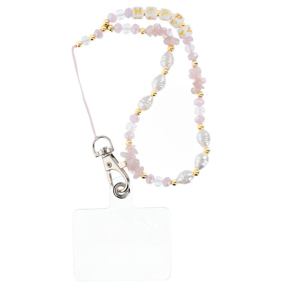 HAPPY tālruņa siksniņa, piekariņš / auklas garums 44 cm (22 cm cilpā) / uz rokas – gaiši rozā