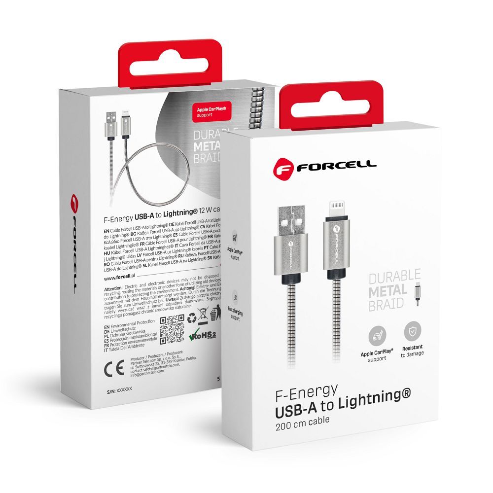 FORCELL F-ENERGY Metal C236 kabelis USB A uz Lightning 2,4A 12W 2 m sudrabains