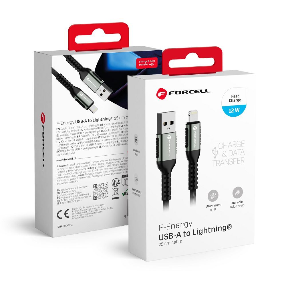 FORCELL F-ENERGY C257 kabelis USB A uz Lightning 2,4A 12W Cafule 1,2 m melns