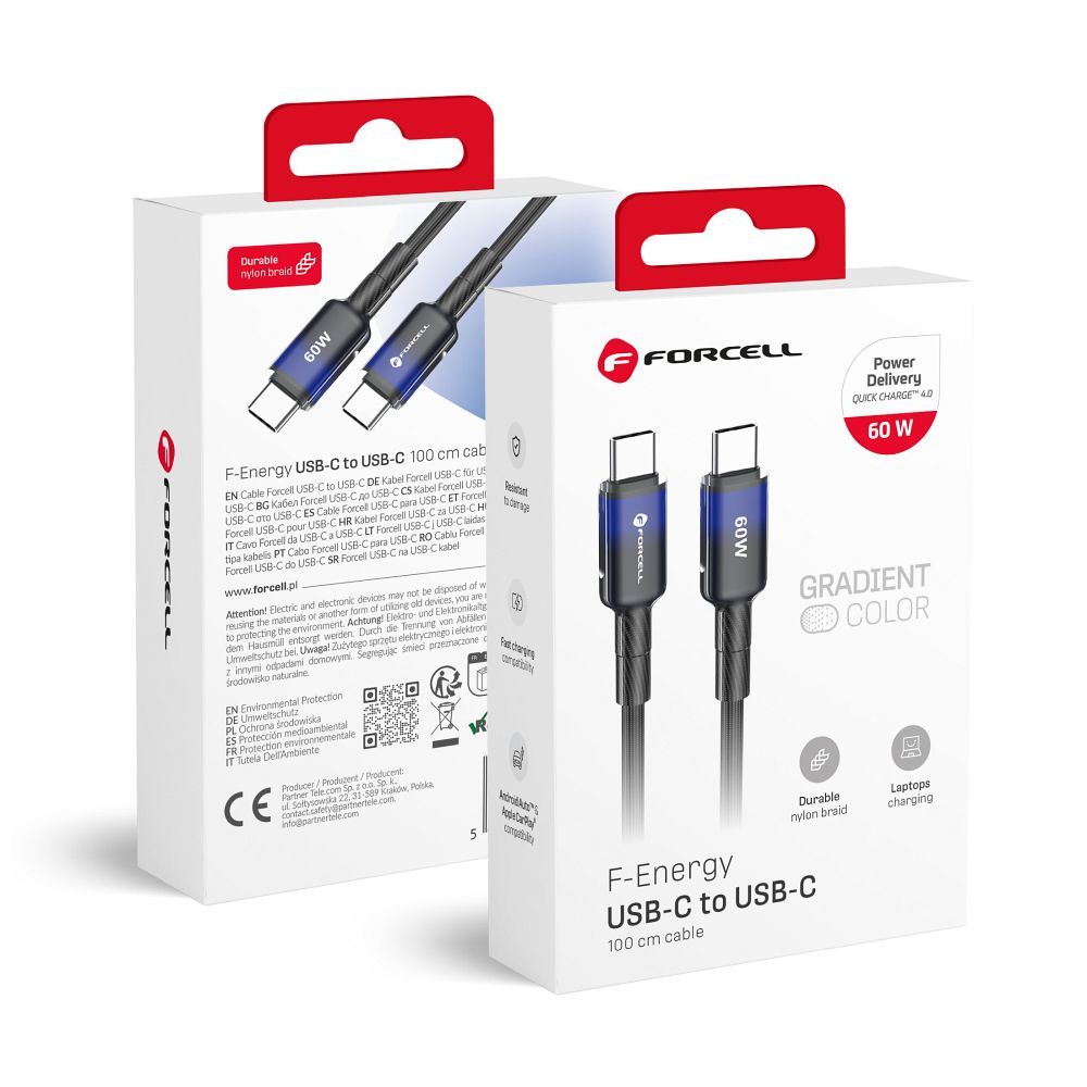 FORCELL F-ENERGY C354 kabelis Type C uz Type C QC4.0 PD 3A 60W Gradients 1 m melns