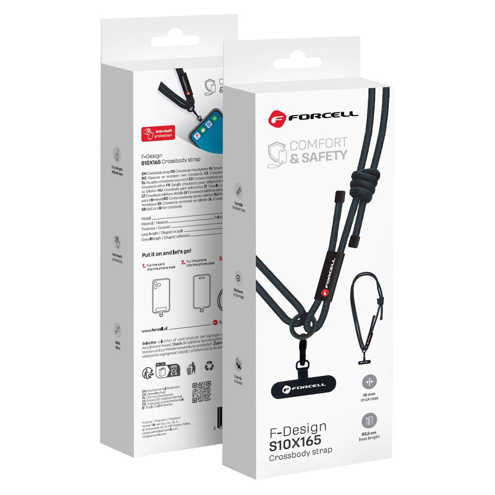 FORCELL F-DESIGN S10X165 šķērsvirziena telefona siksniņa ar regulējamu garumu (maks. 82,5cm cilpā) melna