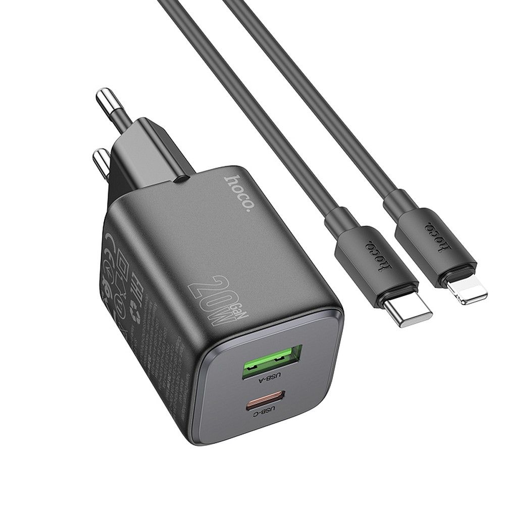 Lādētājs Hoco USB A + USB C QC PD 3A 20W + kabelis USB C uz Lightning N41 melns