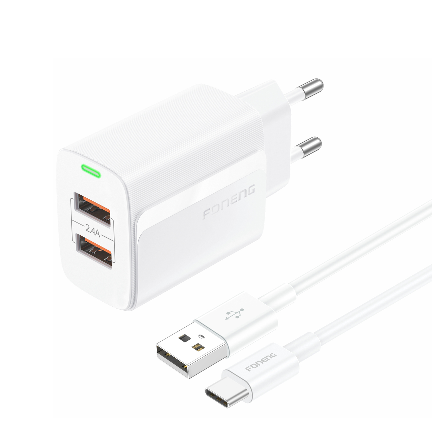 Foneng Sienas lādētājs EU63 - 2x USB - 12W ar USB-C kabeli balts