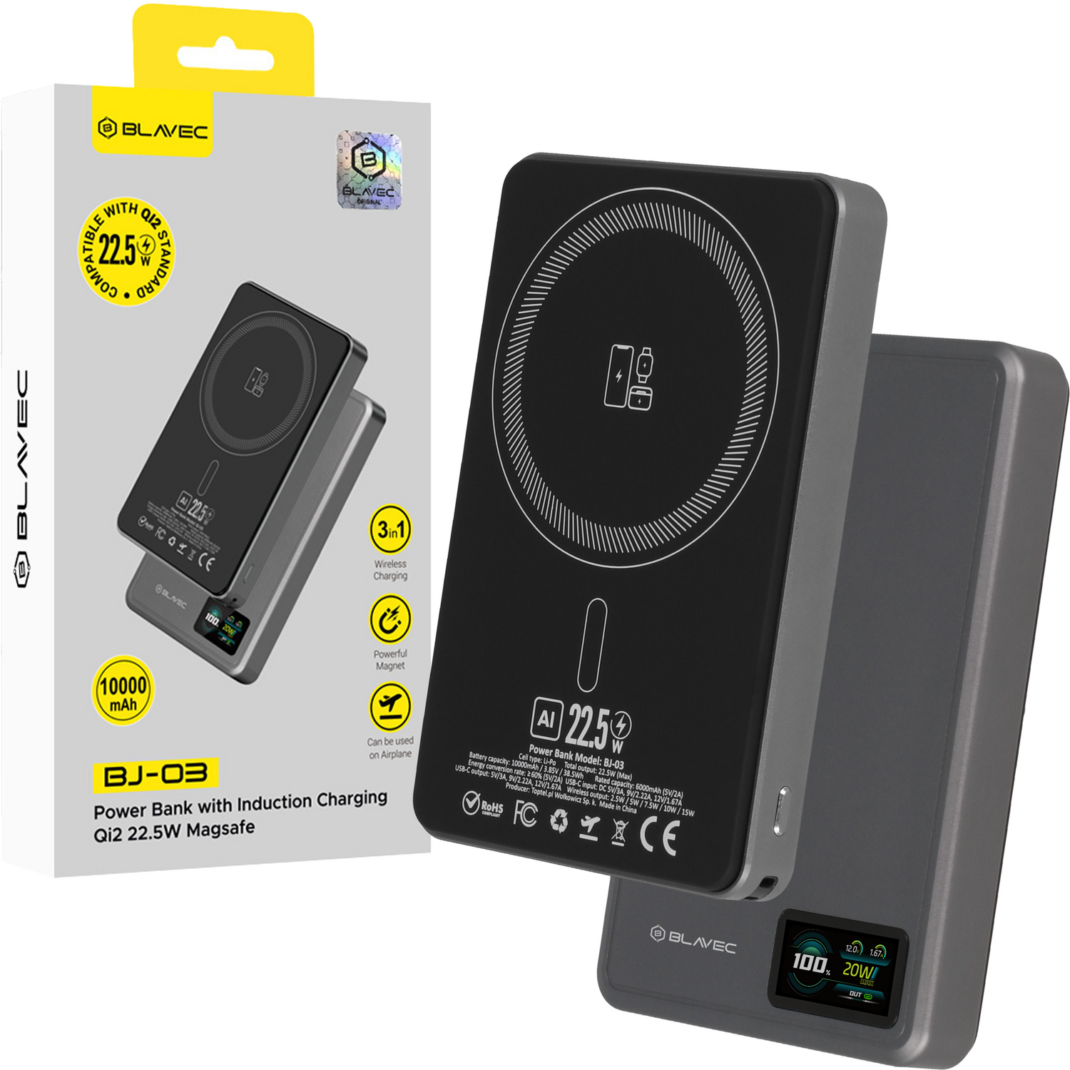 Blavec Portatīvais lādētājs 10000mAh BJ-03 Plāns 13,5mm - Type C - 22,5W magnētiskā Magsafe 3 in 1 (PBBJ03-MC10G) pelēka