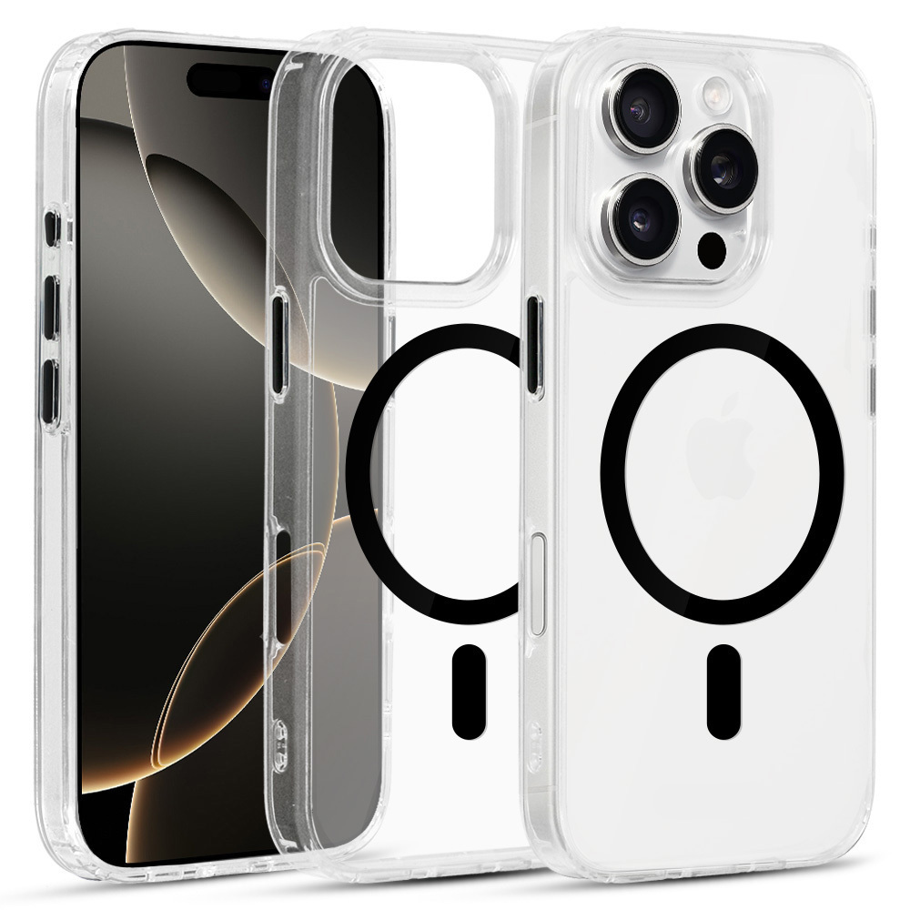 Spīdīgs magnētiskais caurspīdīgs viedtālruņa apvalks Iphone 16 Pro melns