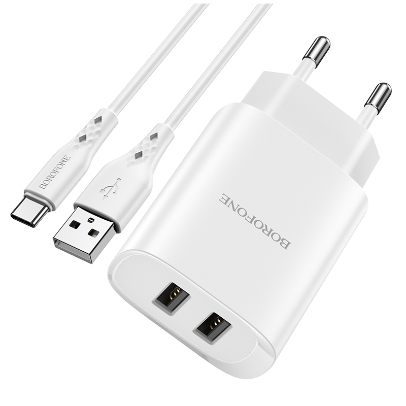 Borofone Sienas lādētājs BN2 Super - 2xUSB - 2,1A ar USB uz Type C balts