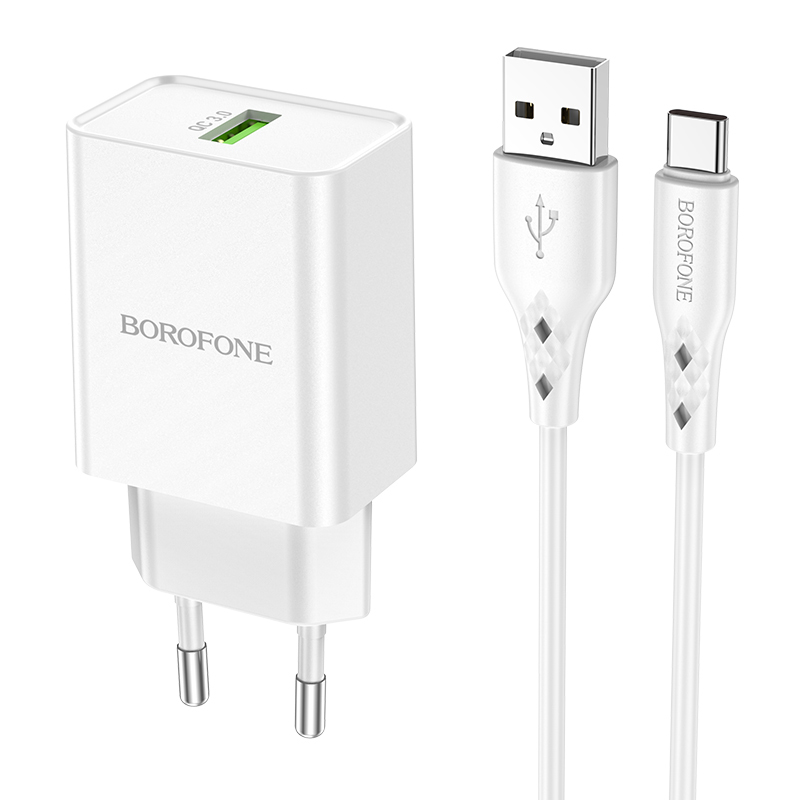Lādētājs Borofone BN5 Sunlight - USB - QC 3.0 18W ar USB-C kabeli balts