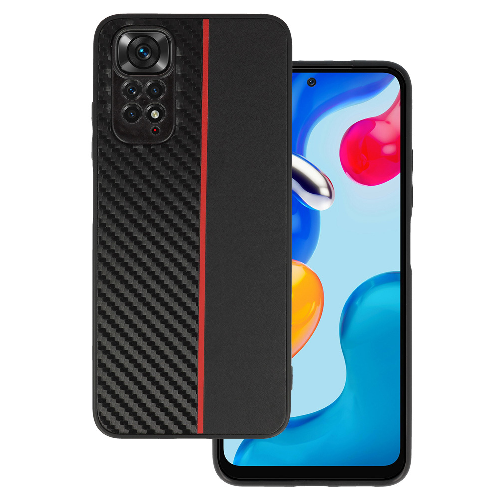 Tel Protect CARBON viedtālruņa apvalks Xiaomi Redmi Note 11 Pro/Note 11 Pro 5G melns ar sarkanu svītru