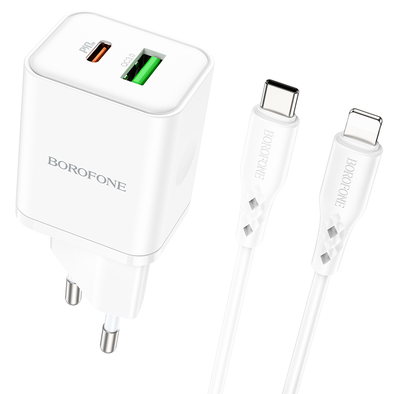 Borofone Sienas lādētājs BN7 - USB + Type C - QC 3.0 PD 20W ar Type C uz Lightning kabeli balts