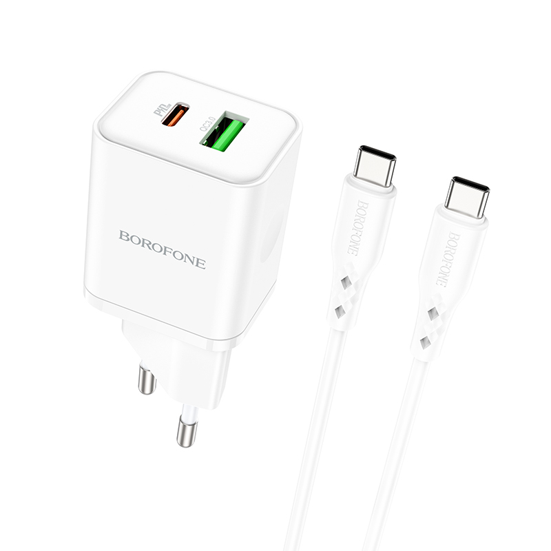 Borofone Sienas lādētājs BN7 - USB + Type C - QC 3.0 PD 20W ar Type C uz Type C kabeli balts