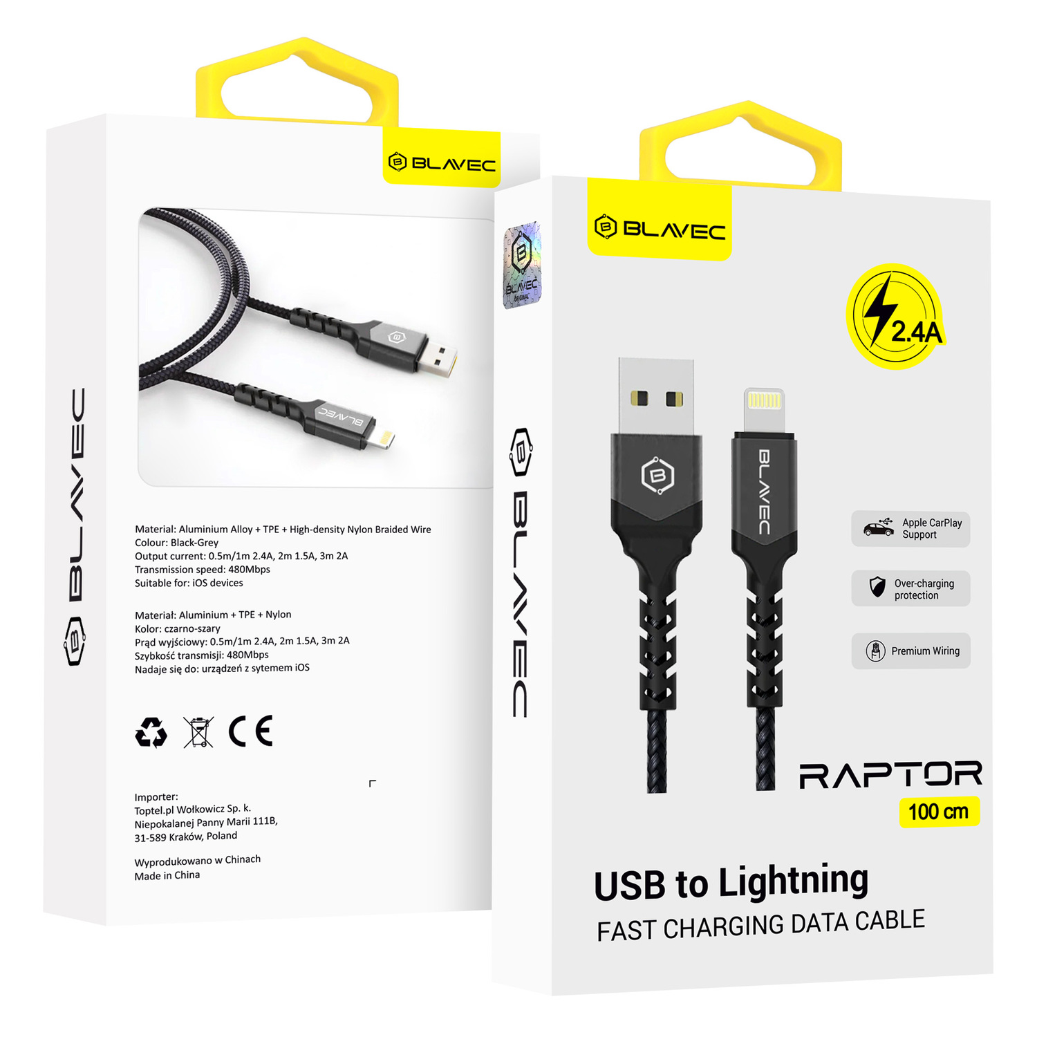 Blavec kabelis Raptor pīts - USB uz Lightning - 2,4A 1 metrs Apple CarPlay (CRA-UL24BG10) melns-pelēks