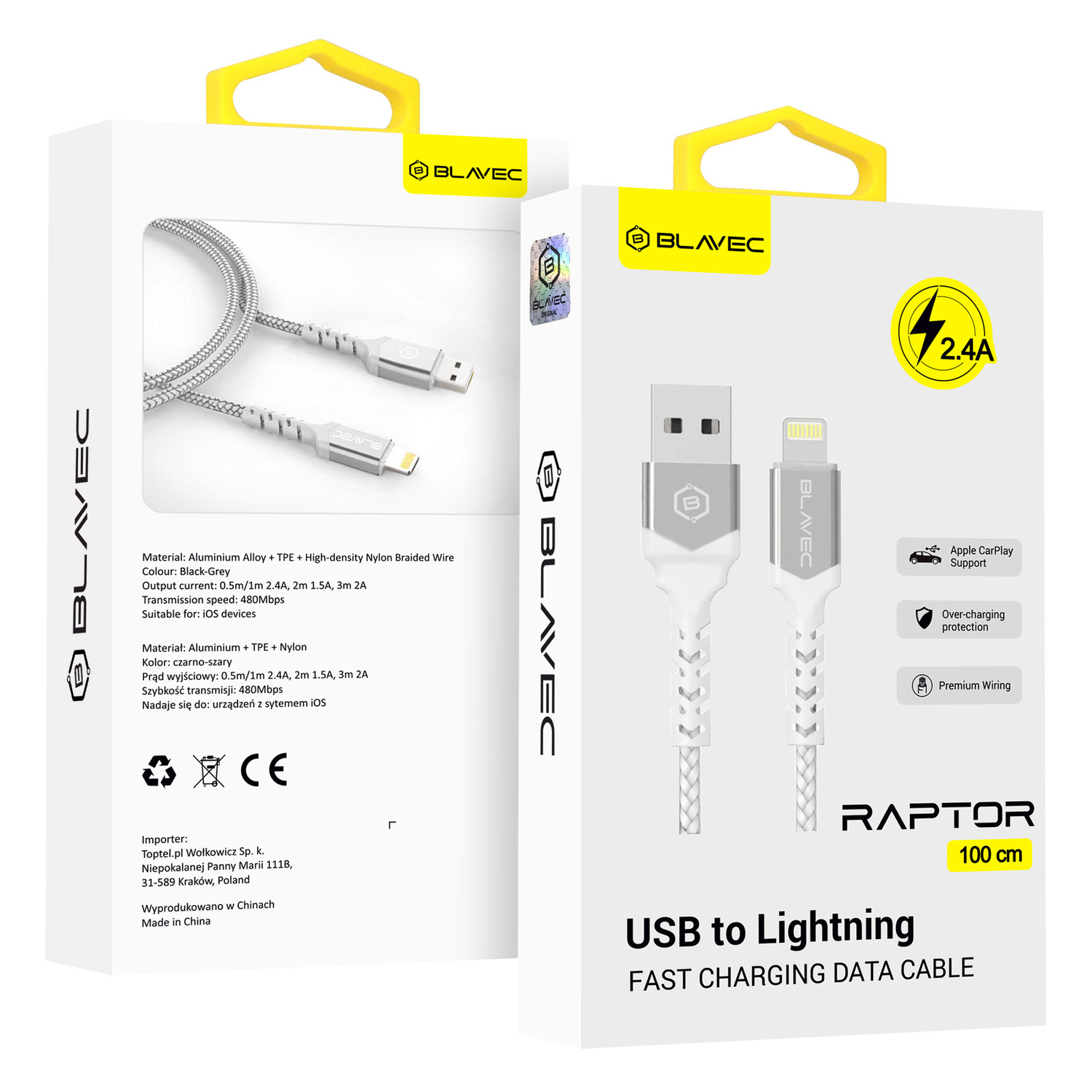 Blavec kabelis Raptor pīts - USB uz Lightning - 2,4A 1 metrs Apple CarPlay (CRA-UL24WS10) balts-sudraba