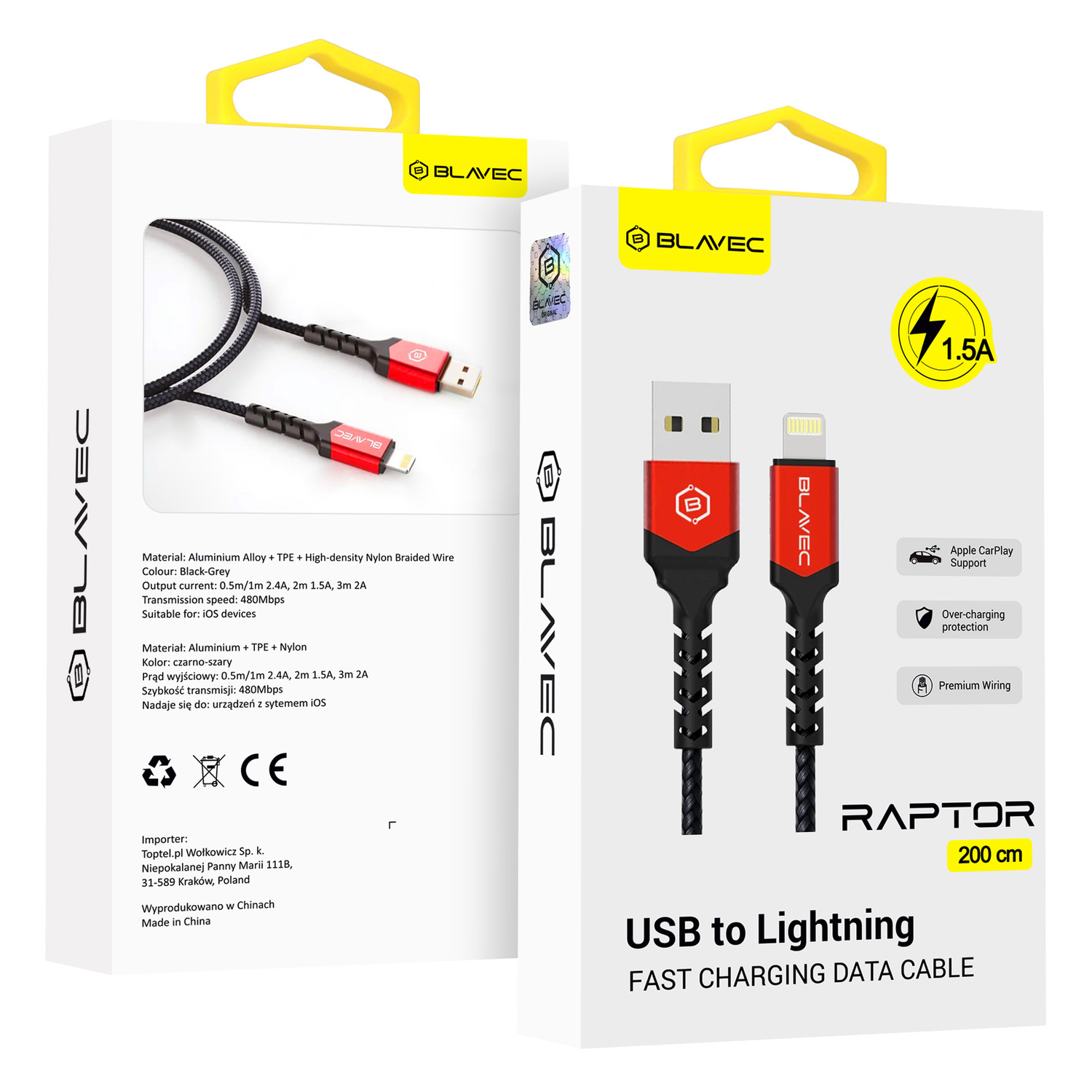 Blavec kabelis Raptor pīts - USB uz Lightning - 1,5A 2 metri Apple CarPlay (CRA-UL15BR20) melns-sarkans