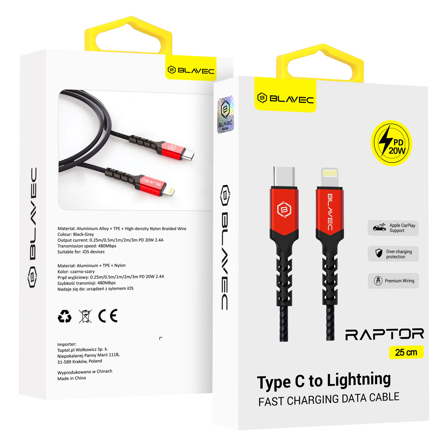 Kabelis Blavec Cable Raptor pīts - Type-C uz Lightning - PD 20W 2,4A 0,25 m Apple CarPlay (CRA-CL24BR025) melns-sarkans