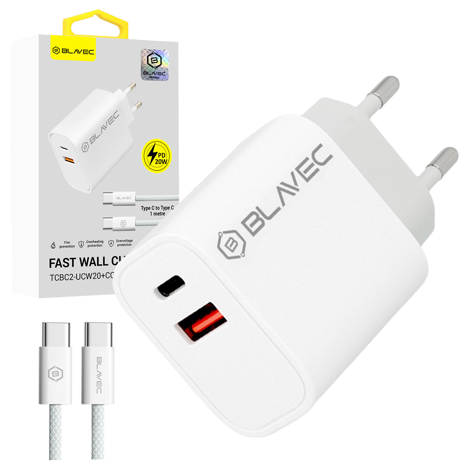 Blavec sienas lādētājs BC-2 - USB + Type C - QC 3.0 PD 20W ar Type C uz Type C kabeli (TCBC2-UCW20+CC) balts